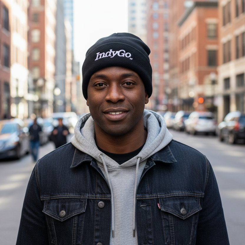 Black beanie with 'IndyGo' logo on a white background