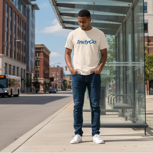 Beige t-shirt with blue 'IndyGo' logo on a white background