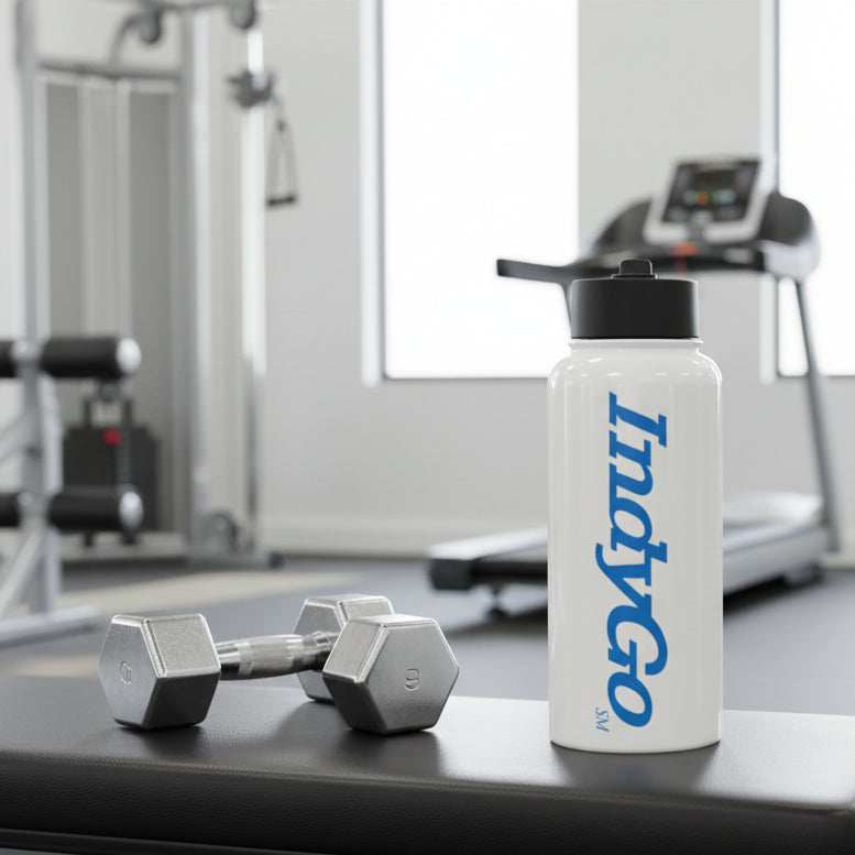 White water bottle with black lid and blue text on a white background