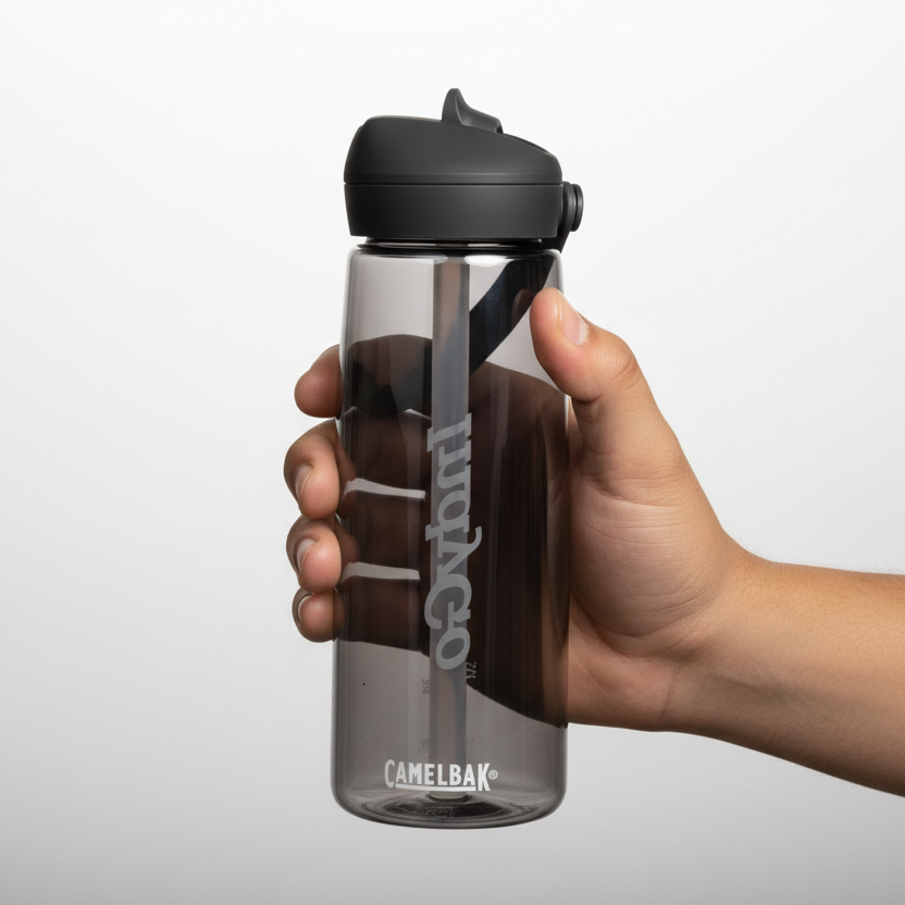CamelBak water bottle with black cap on a white background