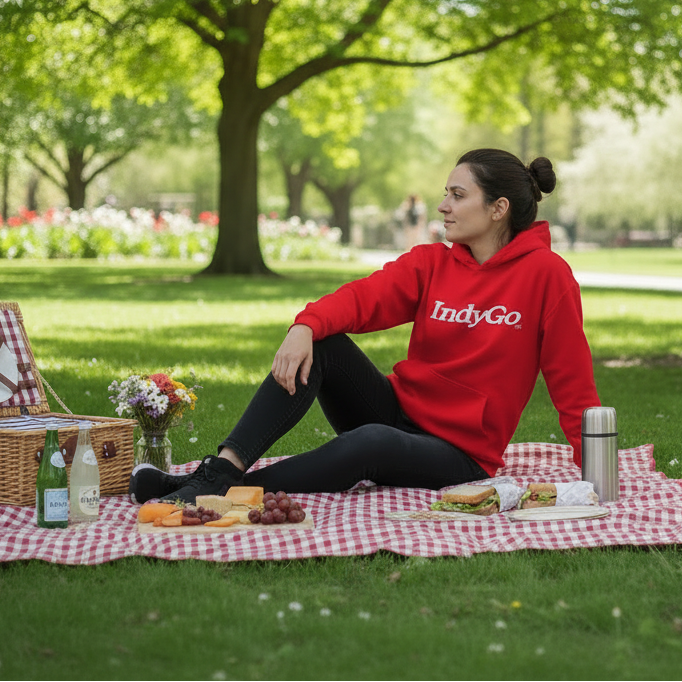 Red hoodie with 'IndyGo' logo