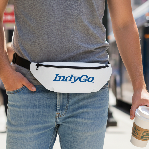 Person wearing an IndyGo waist bag with a bus in the background