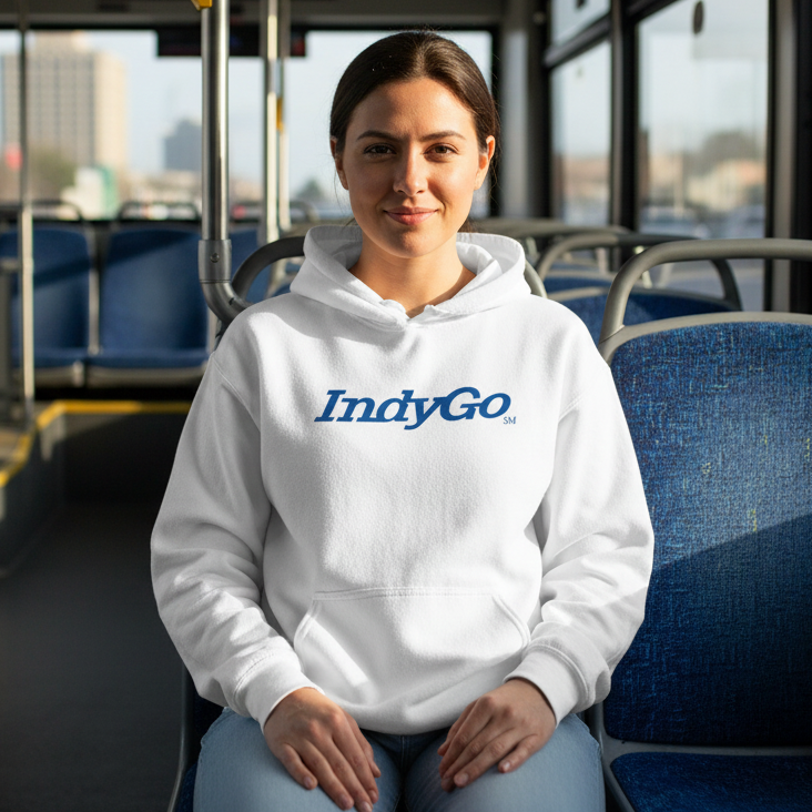 White hoodie with 'IndyGo' logo on a white background